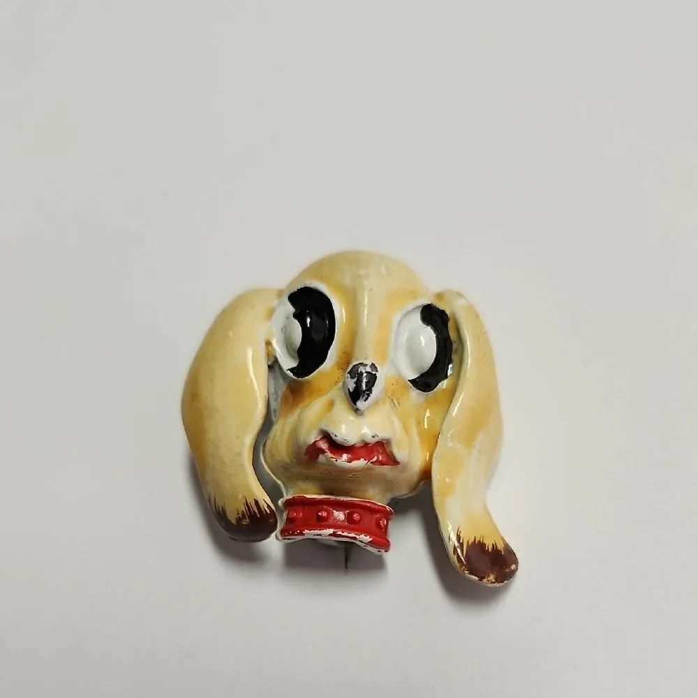 RARE Vintage Dog Brooch with Red Collar